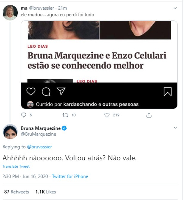 Bruna Marquezine comenta suposto namoro com Enzo Celulari (Foto: Reprodução/Twitter)