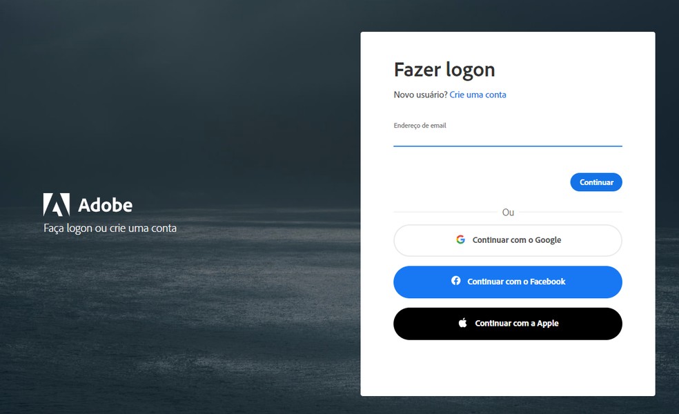 Login no Adobe Spark é feito com credenciais Adobe ou informações de redes sociais — Foto: Reprodução/Rodrigo Fernandes