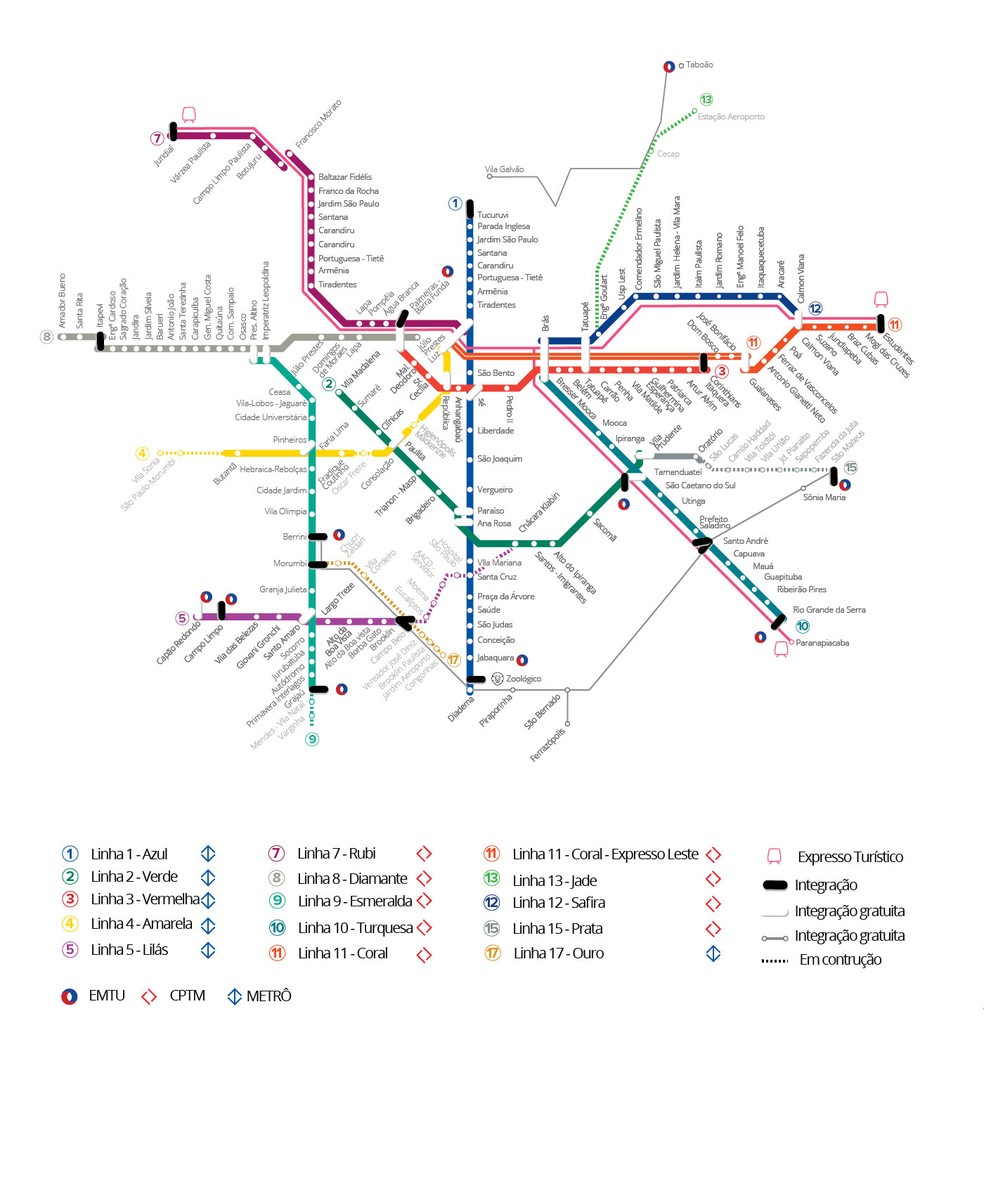 Mapa das linhas do Metrô e CPTM em São Paulo (Foto: Editoria de Arte/G1)