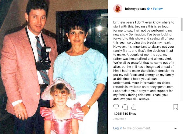O post da cantora Britney Spears sobre o cancelamento de seus shows e o estado de saúde do pai dela (Foto: Instagram)