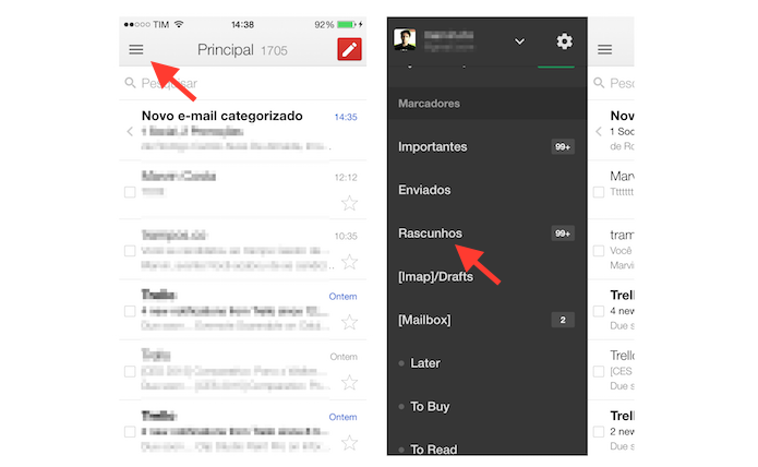 Acessando a pasta de rascunhos do Gmail no aplicativo para iOS (Foto: Reprodução/Marvin Costa)