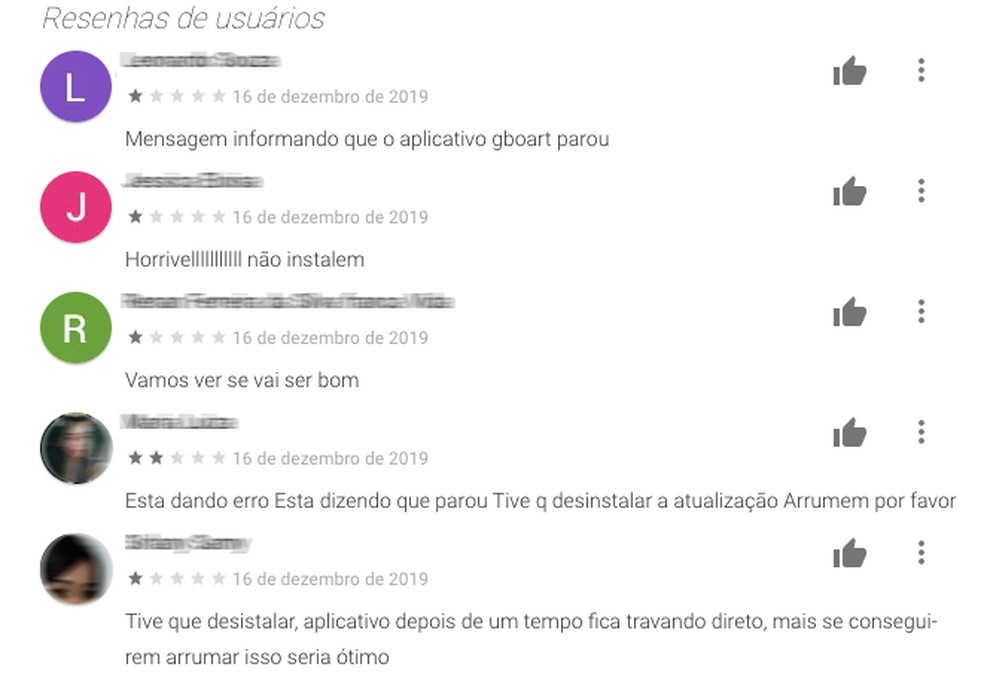 Relatos de erro no Gboard publicados na página do app na loja do Google — Foto: Reprodução/TechTudo