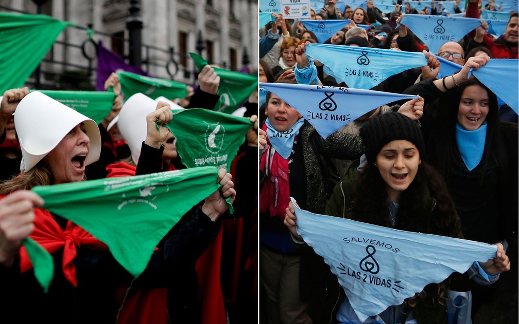 Combinação de fotos mostra manifestantes pró aborto, com lenços verdes, e contra aborto, com lenços azuis, em manifestações em Buenos Aires, na Argentina (Foto: Natacha Pisarenko/ Jorge Saenz/ AP Photo)