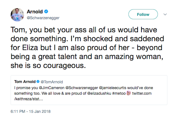 A declaração feita por Arnold Schwarzenegger sobre o abuso sofrido por Eliza Dushku (Foto: Twitter)