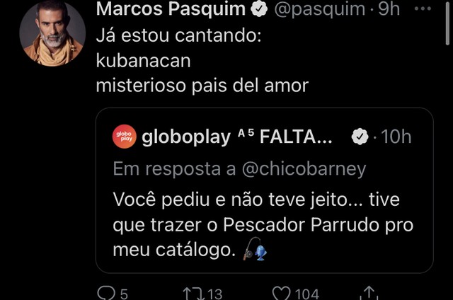 A novela foi anunciada como um dos próximos conteúdos do Globoplay e até mesmo Marcos Pasquim, o protagonista, comemorou compartilhando um post da página oficial da plataforma (Foto: Reprodução/ Twitter)