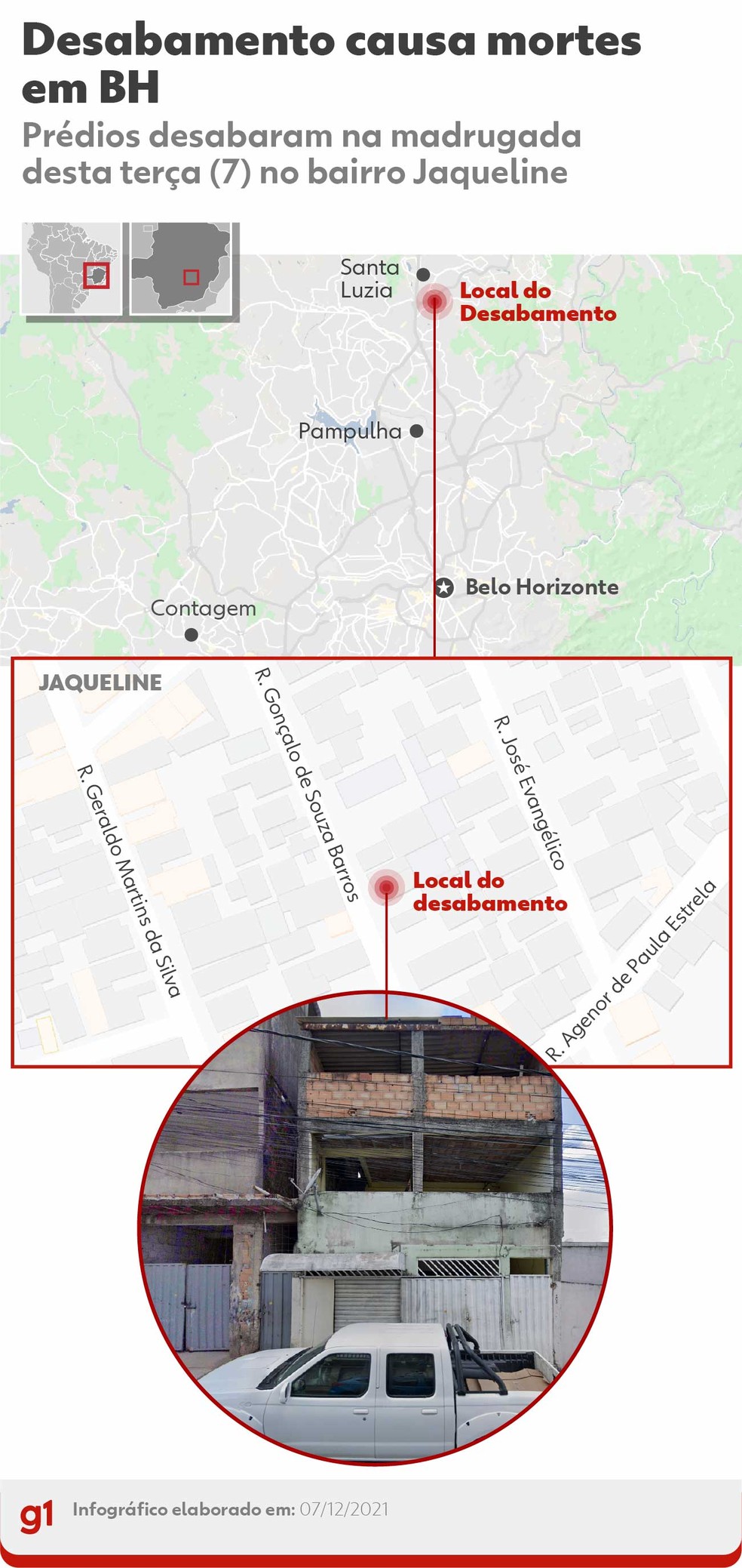 Localização dos prédios que desabaram em BH — Foto: Arte/ g1