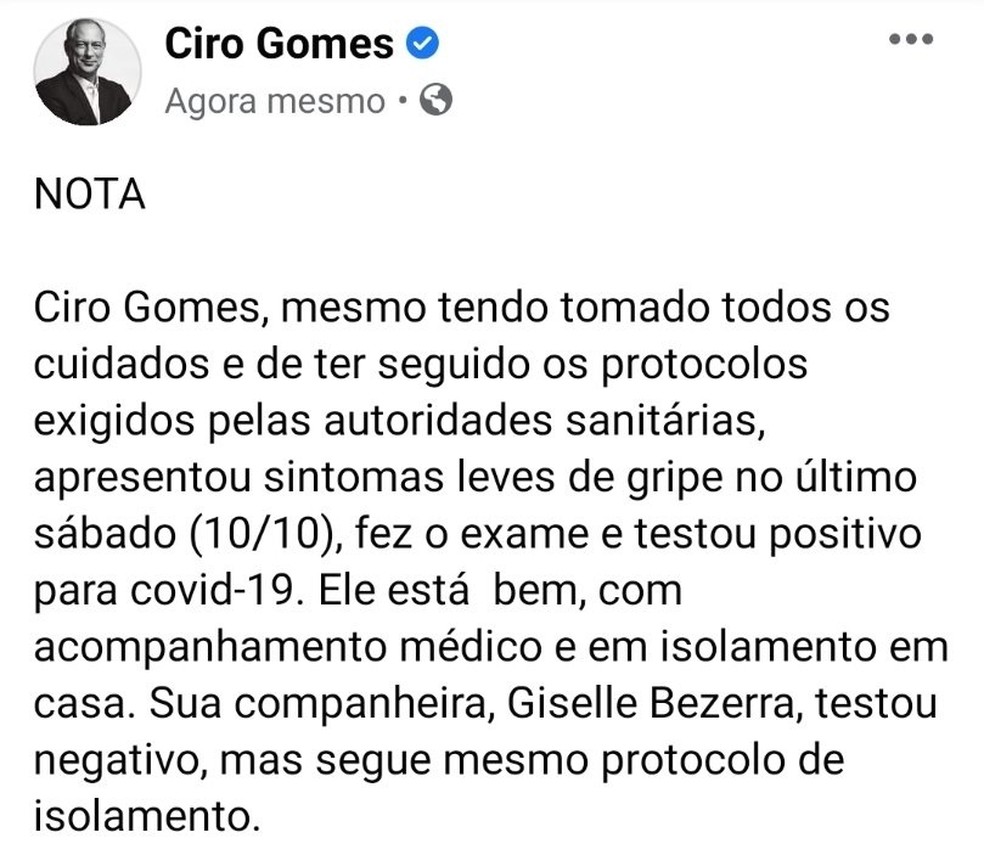 Ciro Gomes anunciou em rede social que testou positivo para Covid-19 — Foto: Reprodução