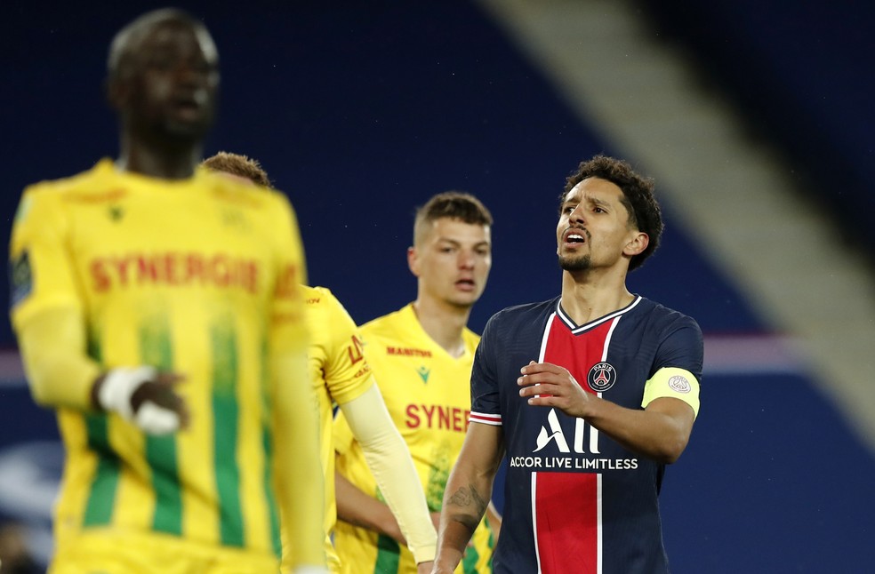 O capitão Marquinhos, durante a derrota do PSG para o Nantes — Foto: Benoit Tessier/Reuters