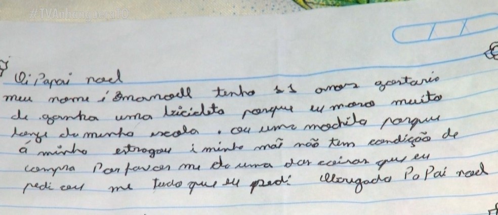 Menino escreveu cartinha ao Papai Noel pedindo bicicleta ou mochila — Foto: Reprodução/TV Anhanguera