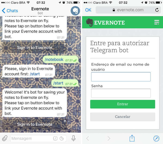 O @evernotebot permite vincular o Telegram ao Evernote (Foto: Reprodução/Daniel Ribeiro)