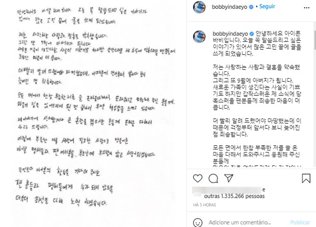Carta escrita por Bobby para anunciar casamento e paternidade (Foto: Reprodução/Instagram)