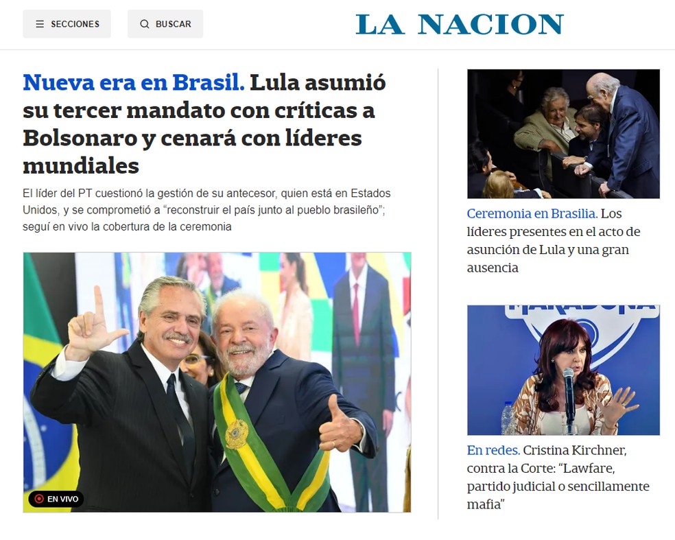 O jornal argentino "La Nacion" transmite ao vivo os acontecimentos da cerimônia de posse de Lula — Foto: Reprodução