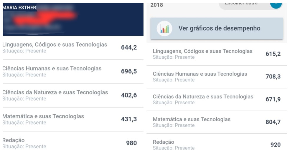 Notas de Maria Esthér, 2019 e 2018, comparadas — Foto: Arquivo pessoal/Reprodução