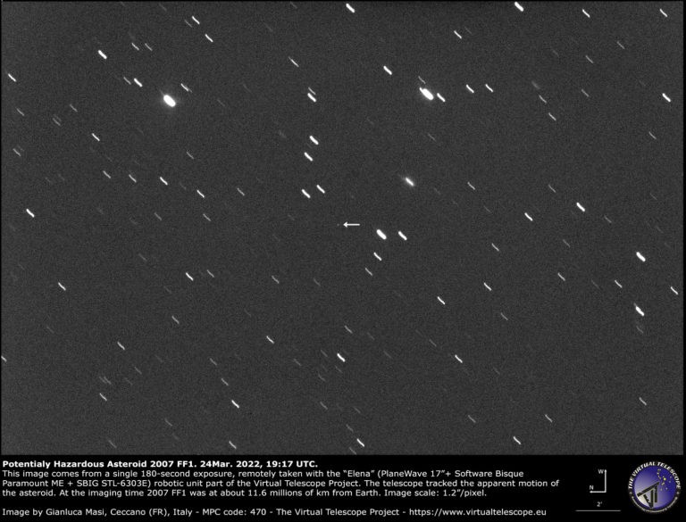 Imagem mostra o asteroide 2007 FF1 a cerca de 11,6 milhões de km da Terra  (Foto: The Virtual Telescope Project 2.0)