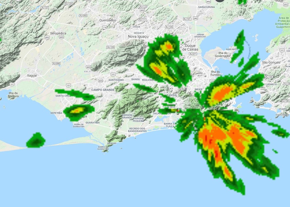 Radar do Sumaré mostra núcleos de chuva na Zona Sul do Rio às 6h15 — Foto: Reprodução/COR