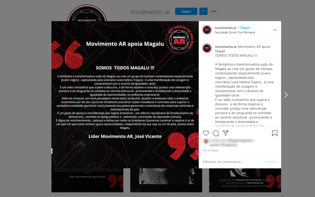 Nota de apoio do Movimento Ar ao programa da Magazine Luiza  — Foto: Reprodução/Instagram 