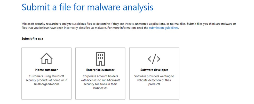 Página da Microsoft tem opção exclusiva para quem desenvolve softwares liberar arquivos no antivírus. — Foto: Reprodução