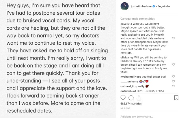 Justin Timberlake postou no dia 6 de dezembro que seguiria afastado dos palcos (Foto: Reprodução/Instagram)
