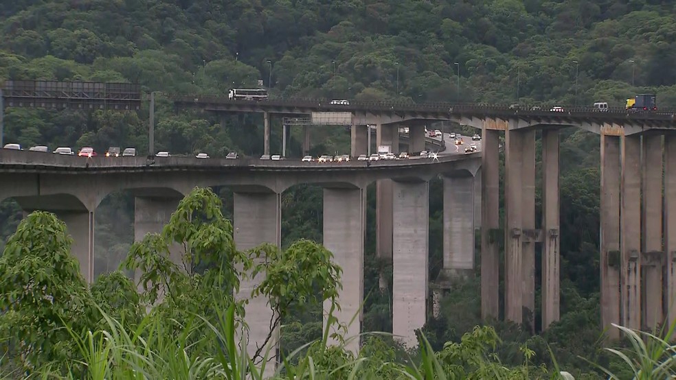 Rodovia dos Imigrantes registra congestionamento no sentido litoral no feriado da Proclamação da República — Foto: Reprodução/TV Globo