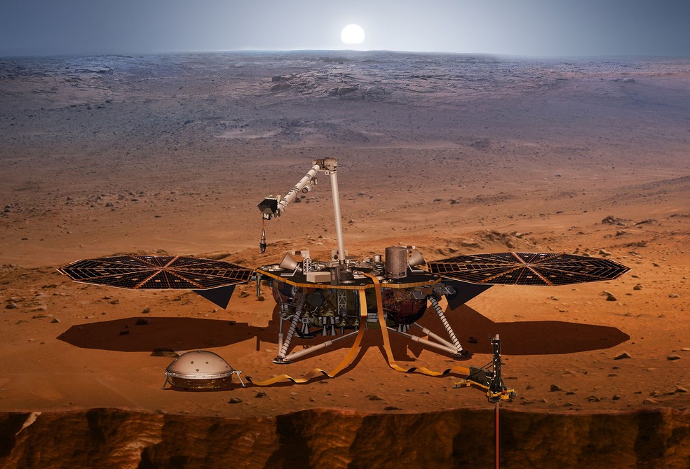 Concepção artística mostra como a InSight deve estudar o interior de Marte — Foto: Divulgação/NASA