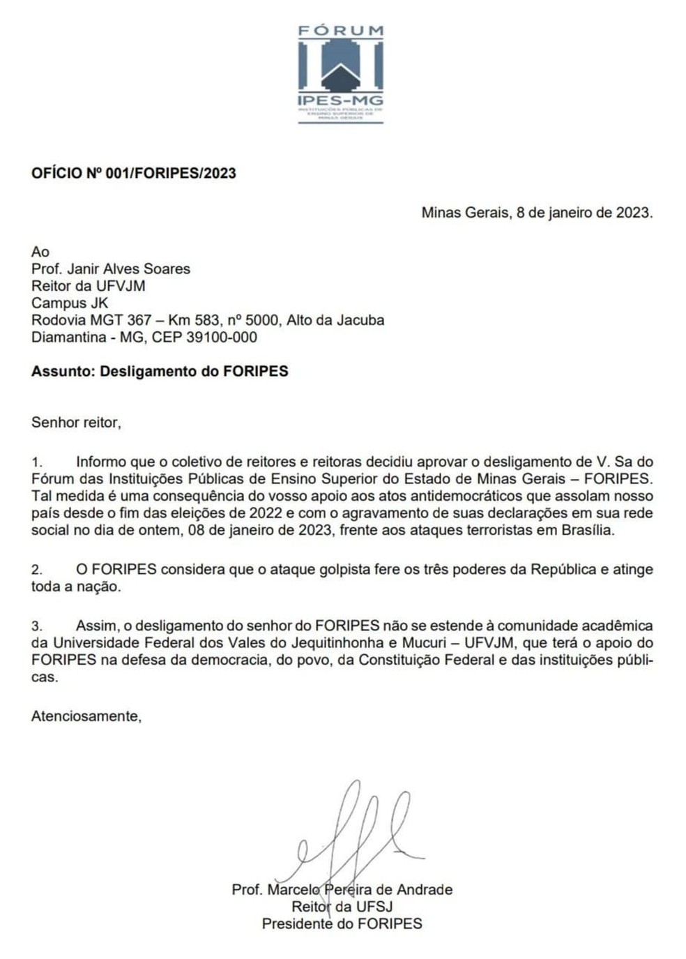 Documento informa o desligamento do reitor da UFVJM depois do apoio aos atos em Brasília — Foto: Reprodução