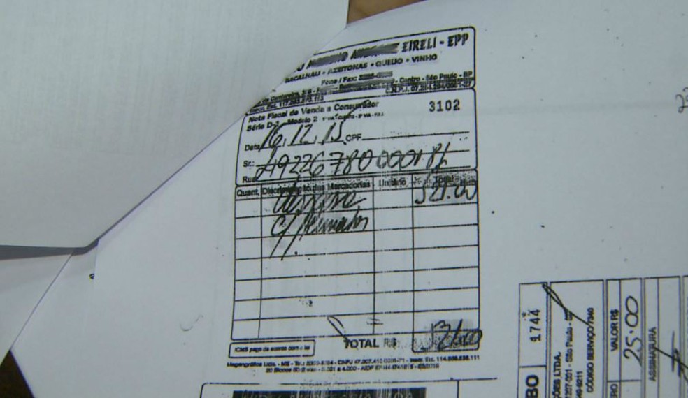 Nota fiscal apreendida pela Polícia Civil em Sertãozinho, SP (Foto: Reprodução/EPTV)