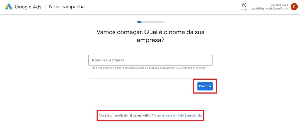 Inserir o nome da sua empresa é um dos primeiros passos para configurar sua conta no Google Ads — Foto: Reprodução/Gabrielle Garcia