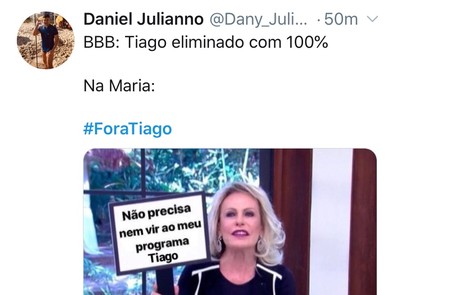 Meme com os pedidos da saída do apresentador Tiago Leifert do 'Big Brother' Reprodução/Twitter