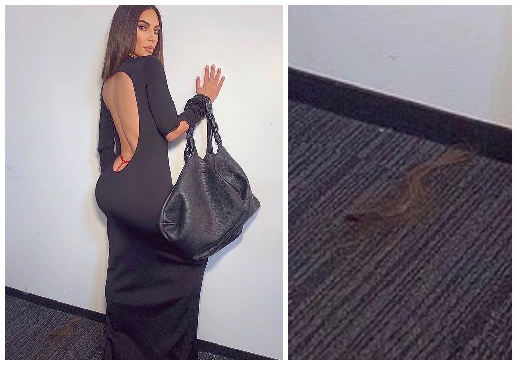 A socialite Kim Kardashian esqueceu uma extensão capilar no chão do registro com look sexy compartilhado por ela nas redes sociais (Foto: Instagram)