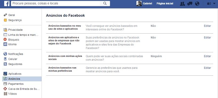 Página de configuração de anúncios do Facebook (Foto: Reprodução/Gabriel Ribeiro)