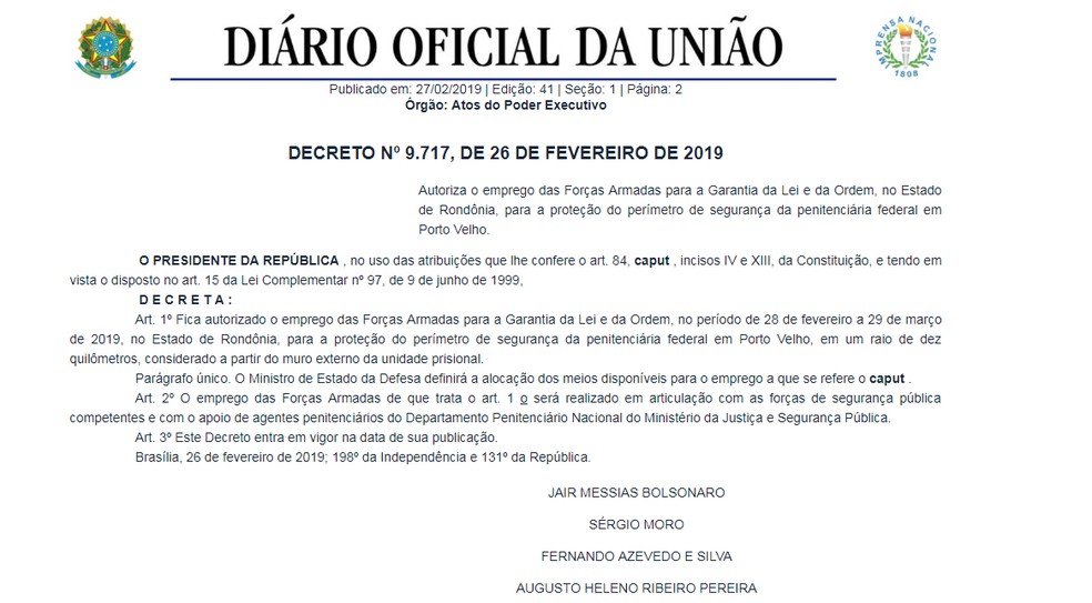 Decreto prorroga o emprego das Forças Armadas para a Garantia da Lei e da Ordem, no Estado de Rondônia. — Foto: Diário Oficial da União/ Reprodução