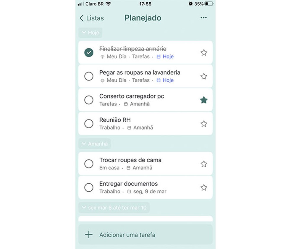 O aplicativo permite planejamento de atividades a longo prazo com task list — Foto: Reprodução/Luana Antunes