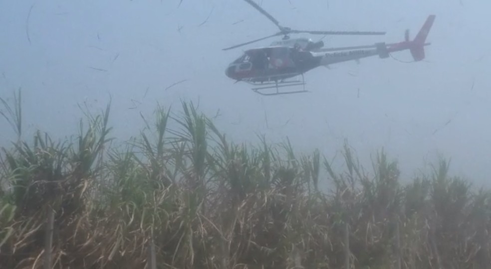 Polícia usa helicóptero Águia nas buscas por suspeito de cometer o crime — Foto: PM/Divulgação
