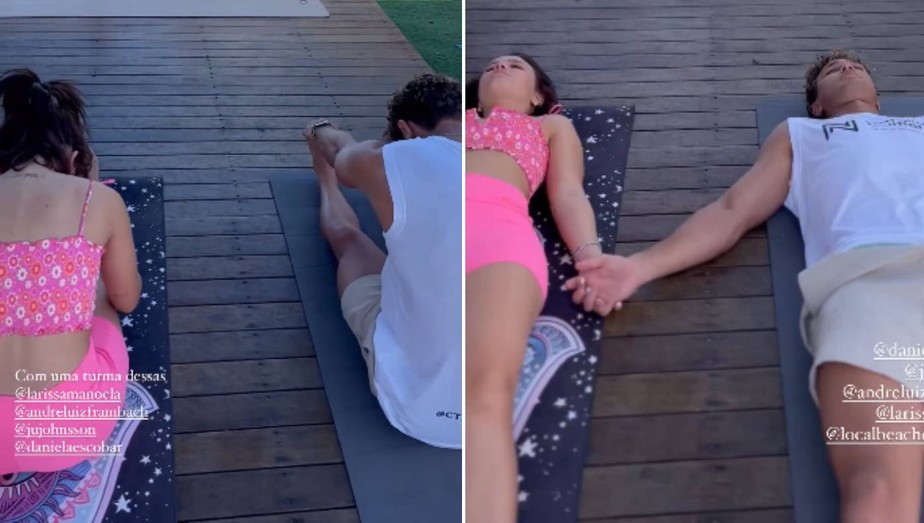 Larissa Manoela e André Luiz Frambach fazem ioga juntos de mãos dadas