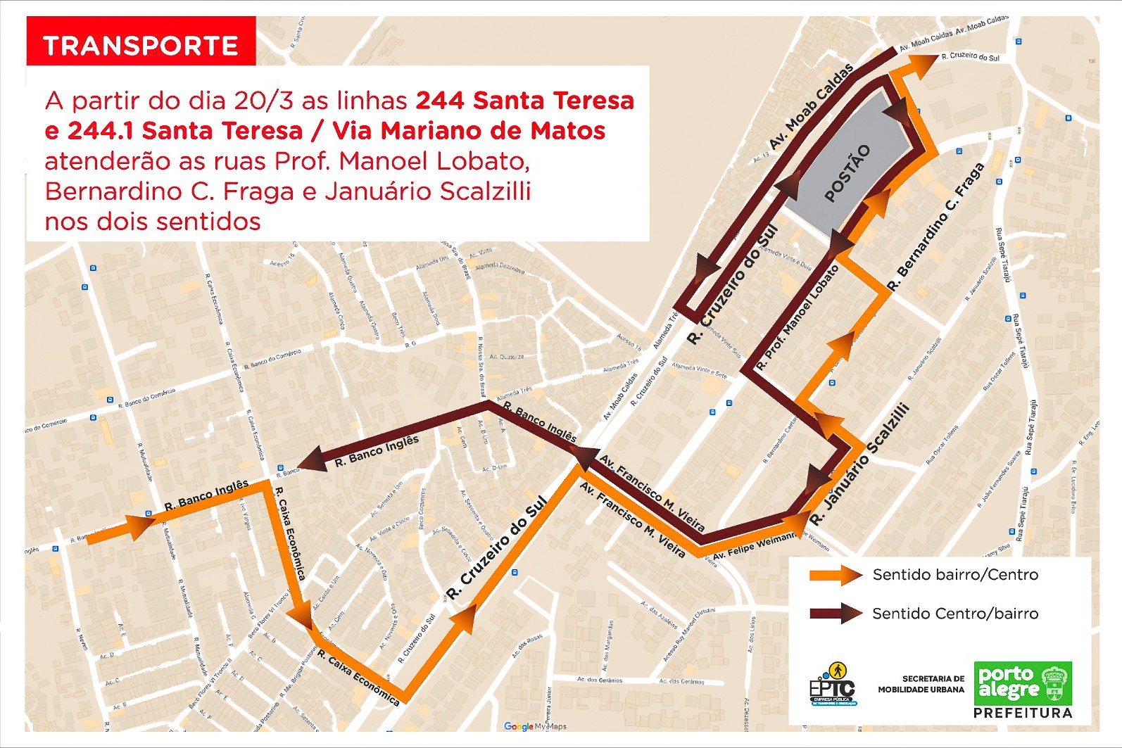 Linhas de ônibus do bairro Santa Teresa, em Porto Alegre, sofrem alteração a partir desta segunda