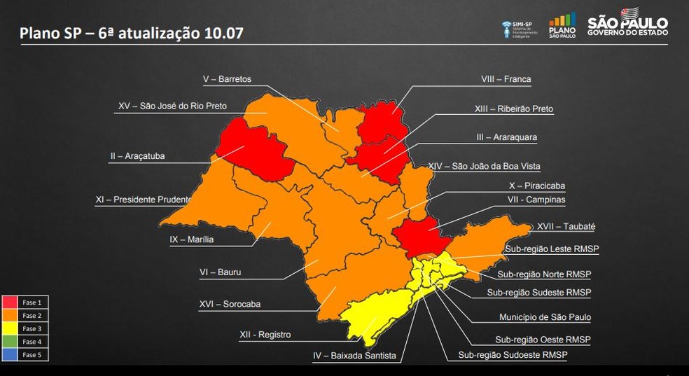 Atualização das regiões no Plano São Paulo nesta sexta-feira (10) — Foto: Divulgação/Governo de SP