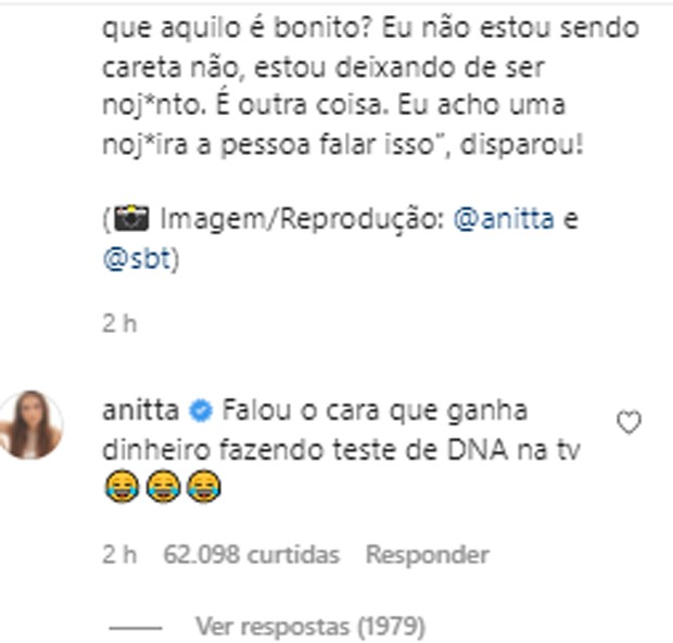 Comentário de Anitta sobre Ratinho (Foto: Reprodução/Instagram)