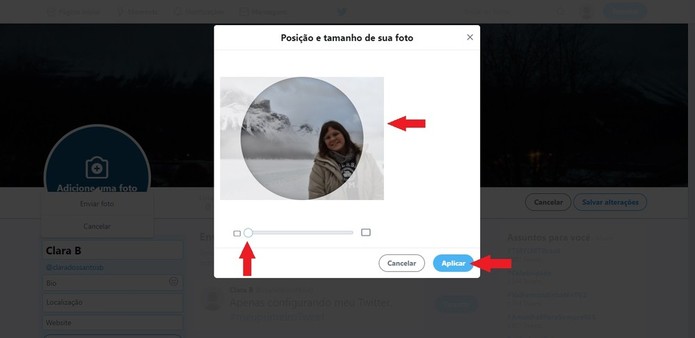 Ao arrastar a bolinha para a direita, a foto será expandida, diferente da edição da foto de capa (Foto: Reprodução/Clara Barreto) Ao arrastar a bolinha para a direita, a foto será expandida, diferente da edição da foto de capa (Foto: Reprodução/Clara Barreto)
