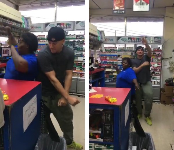 O ator Channing Tatum dançando com a funcionária do posto de gasolina (Foto: Facebook)