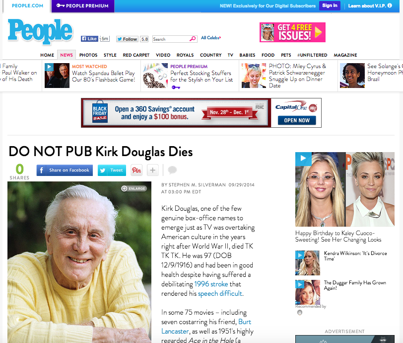 Ops! Site da revista 'People' publicou por engano obituário de Kirk Douglas. (Foto: Twitter)
