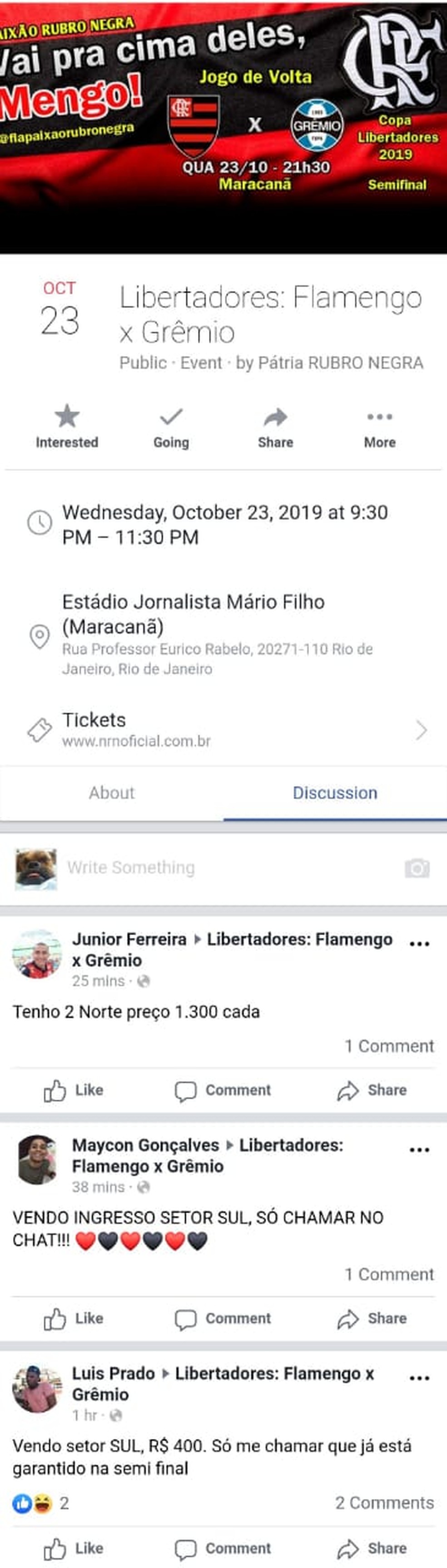 Página no "Facebook" também tem torcedores anunciando venda de ingressos — Foto: Reprodução