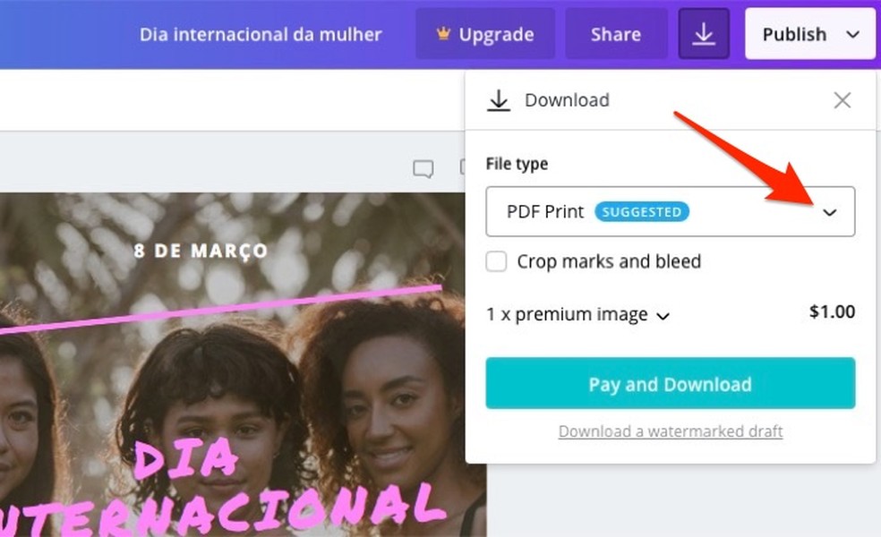 Ação para visualizar outras opções de arquivo para salvar um cartaz de Dia da Mulher criado no serviço online Canva — Foto: Reprodução/Marvin Costa