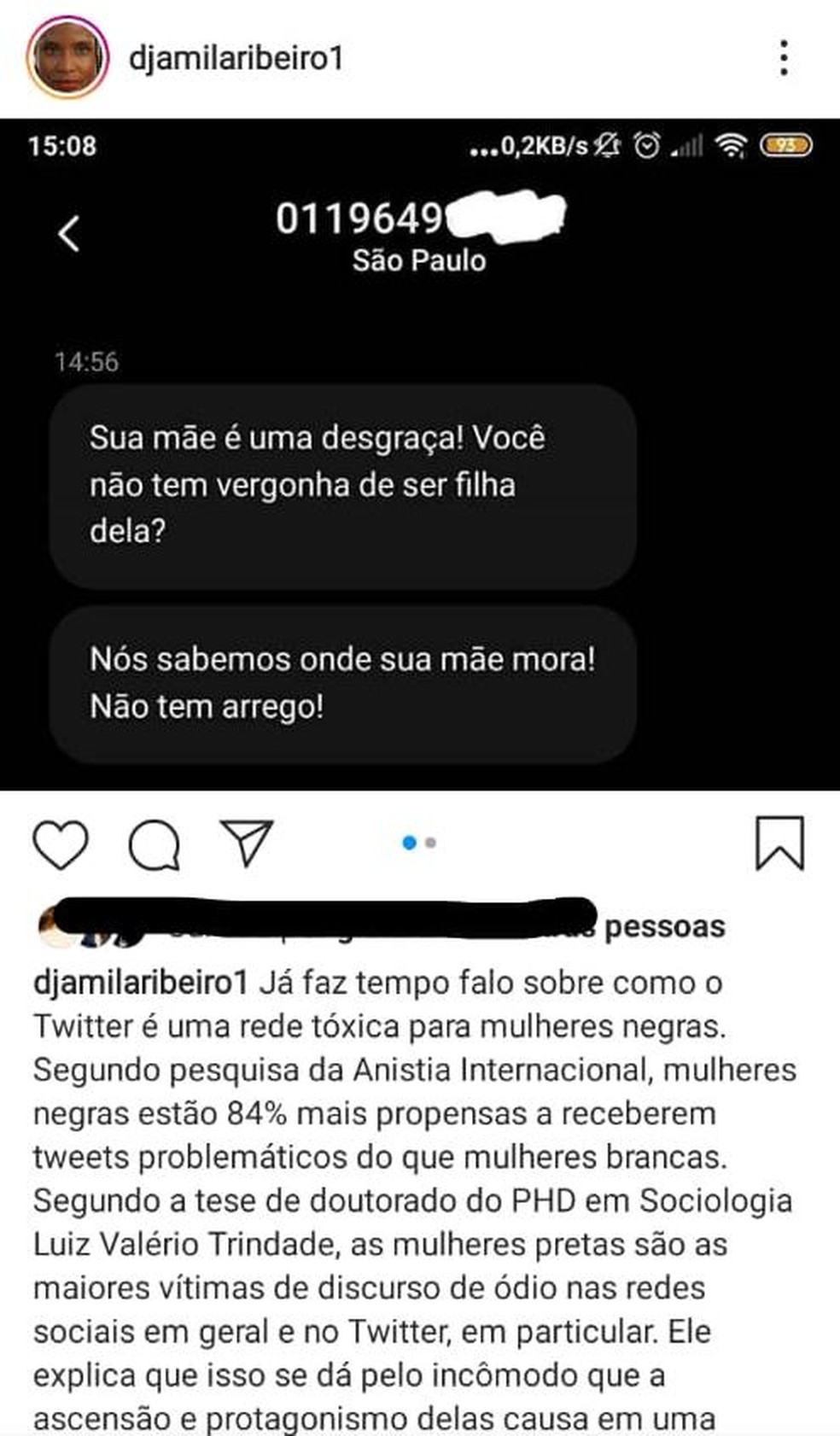 Fil&oacute;sofa Djamila diz, nas redes sociais, que fez BO ap&oacute;s amea&ccedil;a a filha &mdash; Foto: Reprodu&ccedil;&atilde;o