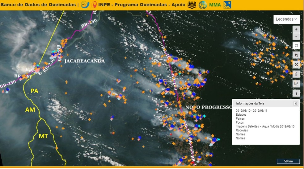Imagem de satélite capturada pelo Inpe no dia 10 de agosto mostra fogo em Novo Progresso — Foto: Programa Queimadas/G1
