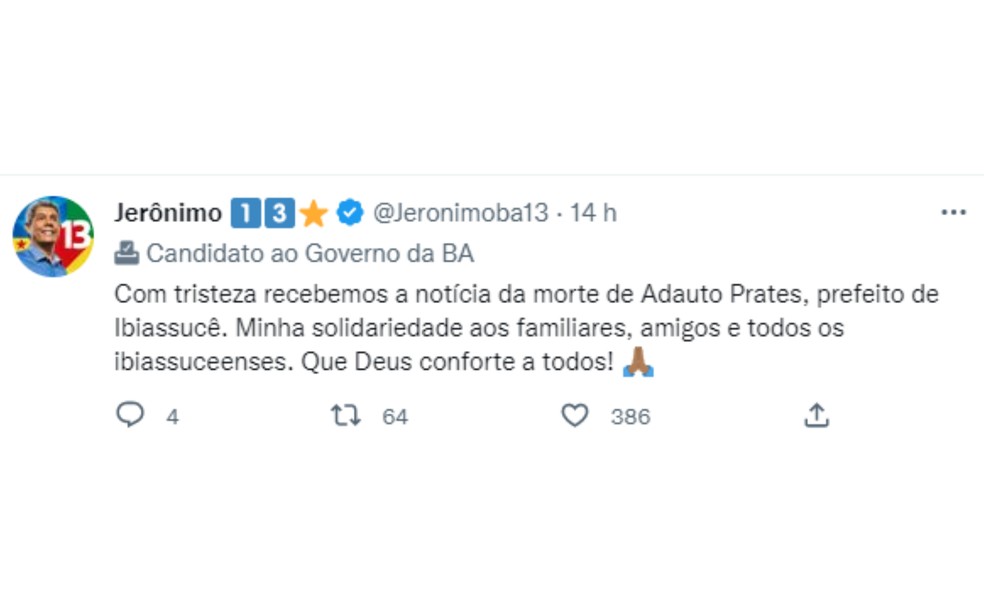 Jerônimo lamenta morte do prefeito Adauto Prates — Foto: Redes sociais