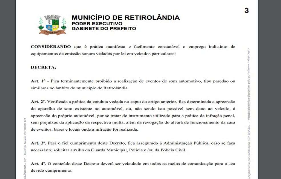 Prefeitura de Retirolândia decreta proibição de festas do tipo 'paredão' no município — Foto: Reprodução / Prefeitura de Retirolândia