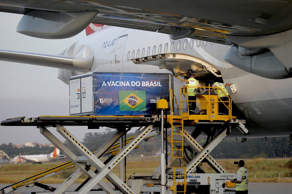 Lote com insumos para a CoronaVac chega neste sábado ao Aeroporto Internacional de São Paulo, em Guarulhos. — Foto: PAULO LOPES/BW PRESS/ESTADÃO CONTEÚDO