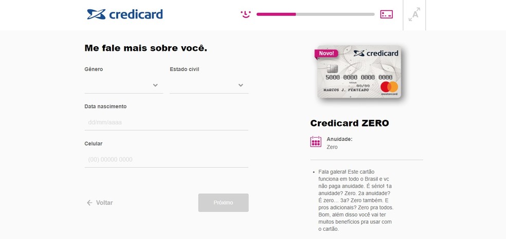 Credicard Zero: solicitação é feita pelo site (Foto: Reprodução/Bruno Soares)