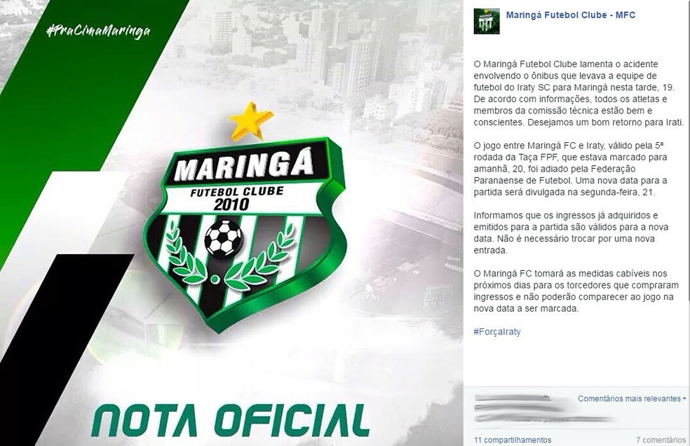 Maringá divulgou nota lamentando o acidente envolvendo o ônibus do Iraty (Foto: Reprodução)