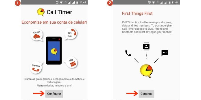 Telas iniciais do app para Android Uso de Dados – Call Timer (Foto: Reprodução/Raquel Freire)